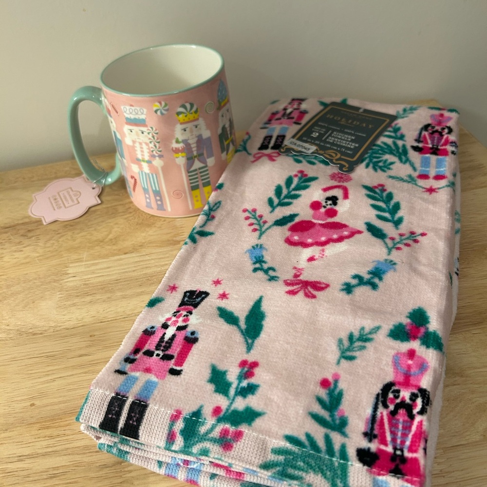 Pink Nutcracker Mug + Kitchen Towels Set Christmas Ballet Holiday Decor Cute